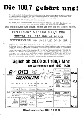 Flugblatt zum &quot;legalen&quot; Sendestart am 23. Juli 1988 Seite 1