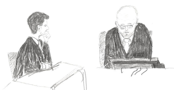 Gerichtszeichnung: Links im Bild Staatsanwalt Graulich in Robe und Hemd. Er hat die Hand auf den Tisch vor ihm gestützt und blickt nach rechts in Richtung Vorsitzender. Der Richter sitzt leicht vornübergebeugt und liest die Urteilsbegründung vor. 