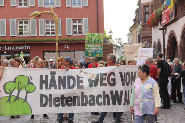 Demonstration gegen die Rodung des Dietnbachwaldes - Frot Transpi mit &quot;Händeweg vom Dietenbachwald&quot;
