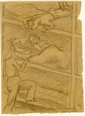 Zeichnung von Eliane Jeannin-Garreau, o. T., 1944; Bleistift auf Papier, 14,7 x 10,7 cm Mahn- und Gedenkstätte Ravensbrück, Sammlungen/Depot, V1624/21 E1