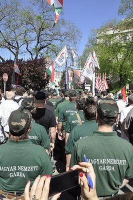 Members of the New Hungarian Guard at a rally of the extreme-right Jobbik party against a gathering of the World Jewish Congress in Budapest, 4 May 2013