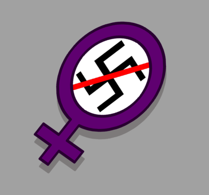 Ein Frauenzeichen mit durchgestrichenem Hakenkreuz im Kreis