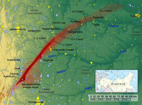Verbreitungsspur der radioaktiven Wolke von Tscheljabinsk 40