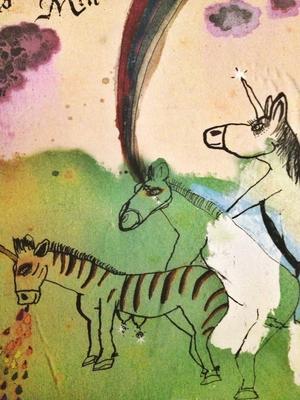 Der Ausschnitt eines CocoRosie-Covers zeigt drei Pferde / Zebras / Einhörner beim gemeinsamen Sex, wobei eins gleichzeitig kotzt und ein anderes einen Regenbogen versprüht.