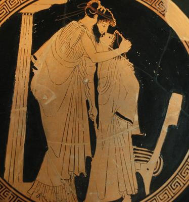 Attische, rotfigurige Vasenmalerei, ca. 480 v. Chr., einen bärtigen Eromenos zeigend, der einen jugendlichen Erastes küsst