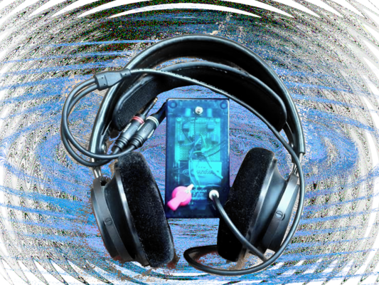Electric device connected to headphones. Background: Waves in blue and dark grey.