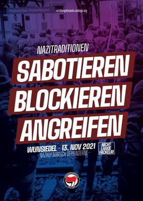 Demoplakat, auf dem steht &quot;Nazitraditionen: sabotieren - blockieren - angreifen&quot;
