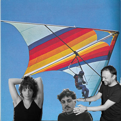 DJ Ines, Quintin Copper und Rainer Trüby als Collage vor einem Gleitschirm
