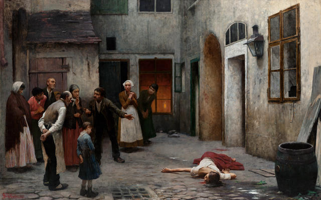 Schikaneder malte diese Geschichte eines Frauenmordes in den unteren Gesellschaftsschichten auf eine mehr als zwei Meter hohe und drei Meter breite Leinwand.