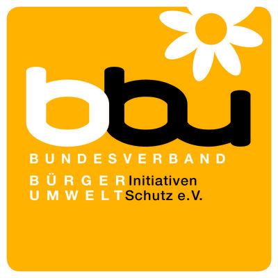 Logo des bbu - Bundesverband Bürgerinitiativen Umweltschutz e.V. weiß und schwarz auf Gelb mit Blume