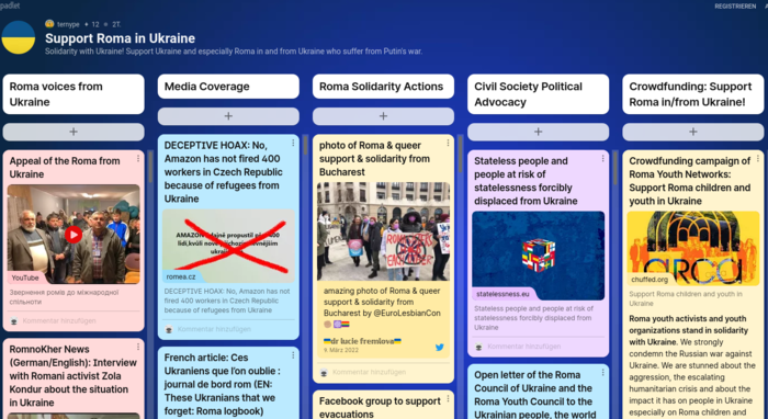 Screenshot von Padlet-Plattform Support Roma in Ukraine 