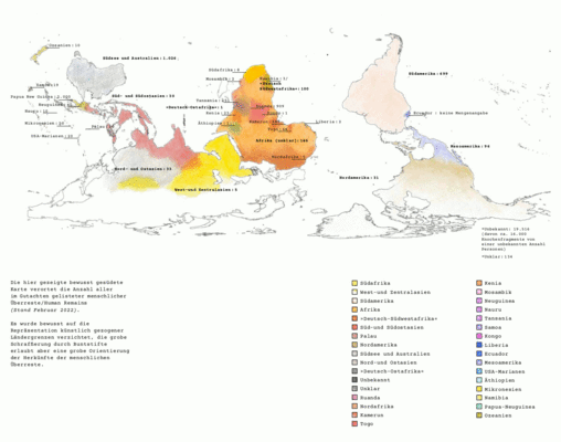 Die hier gezeigte bewusst gesüdete Karte verortet die Anzahl aller im Gutachten gelisteter menschlicher Überreste/Human Remains in Afrika, Asien und den Americas