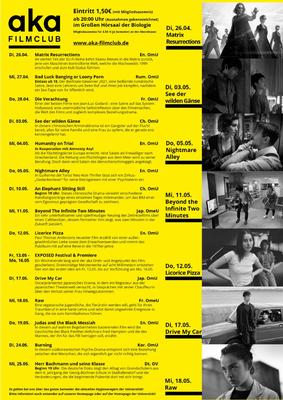Das gelb-schwarze Programm des aka Filmclub für den ersten Teil des Sommers 2022