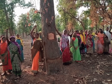 Adivasi Frauen singen und protestiere in bunten Kleidern