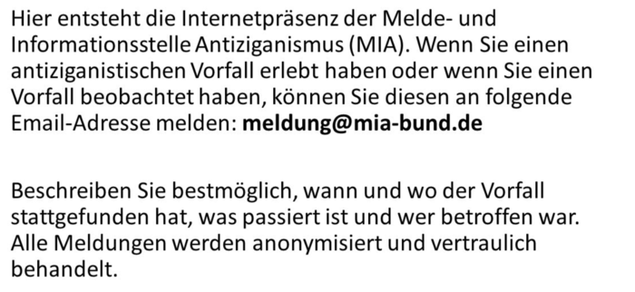 &quot;Hier entsteht die Internetpräsenz der Melde- und Informationsstelle Antiziganismus....&quot;