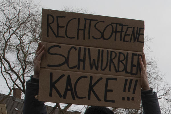 Ein Pappschild auf dem &quot;Rechtsoffene Schwurblerkacke!!!&quot; steht wird mit zwei Händen in die Höhe gehalten. Im Hintergrund grauer Himmel und blattlose Baumkronen zu sehen.