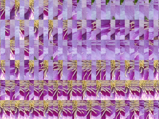 Digital Collage resembling a mosaic. Colors: purple, red and yellow.