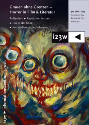 Das Bild zeigt das Titelblatt des Magazins des iz3w. Eine zombieartige Vissage ist abgebildet, mit großen, runden und kalten augen und bluttriefenden Zähnen. Es handelt sich mutmaßlich um ein Ölgemälde.