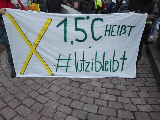 Banner auf dem ein großes gelbes Kreuz zu sehen ist neben der grünen Schrift: &quot;1,5°C heißt #lützibleibt&quot;