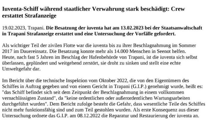 Einseitiger Text von Twitter: Iuventa-Schiff während staatlicher Verwahrung stark beschädigt: Crew erstattet Strafanzeige