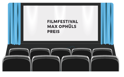 Ein stiliertes Kino mit schwarzen Sesseln, blauen Vorhängen und Leinwand auf der steht: &quot;Filmfestival Max Ophüls Preis&quot;