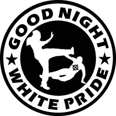 Good Night White Pride Logo: eine Person tritt eine Andere, die am Boden liegt