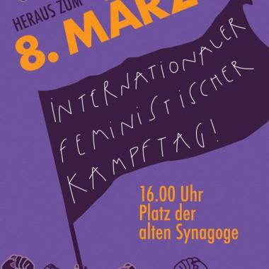 &quot;Heraus zum 8. März&quot; - Sticker in Violett mit dunkellila Flagge: &quot;internationaler feministischer Kampftag!&quot; 16 Uhr Platz der Alten Synagoge