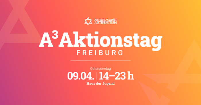 Ein orangenes bis pinkes Sharepic mit den Daten des &quot;A³ Aksionstag Freiburg&quot;. 9.4. | 14-23 Uhr | Haus der Jugend.&quot;