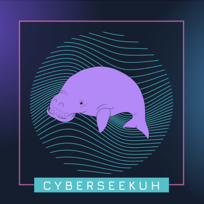 eine pinke Seekuh mit der unterschrift Cyberseekuh um sie herum ein wellenartiger Hintergrund in Kreisform der durch einen rosa viereck gerahmt wird