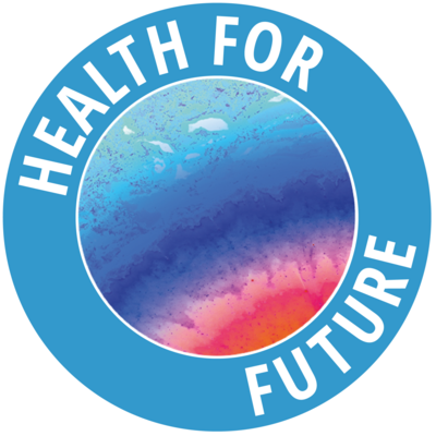 Das Logo von &quot;Health for Future&quot; zeigt einen blauen Kreis in dessen Mitte eine farbige planetenähnliche Abbildung zu sehen ist.