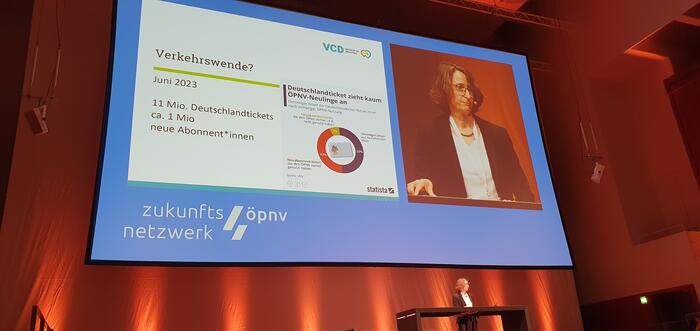 Carolin Ritter, VCD Bundesverband bei Rede beim ÖPNV Zukunftskongress; Folie: Deutschlandticket zieht kaum ÖPNV-Neulinge an