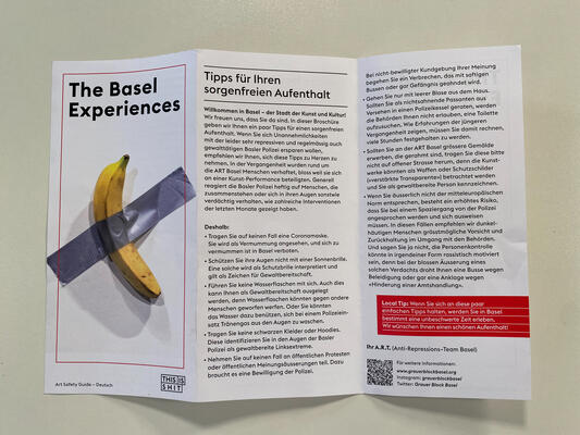 Flyer, der aussieht wie von offizieller Seite mit dem Bild einer mit Gafferband befestigten Banane: A.R.T. Anti-Repressions-Team Basel: The Basel Experience - Tipps für einen sorgenfreien Aufenthalt.