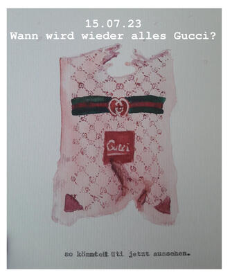 Zeichnung einer pinken Plastiktüte mit Print der Marke Gucci