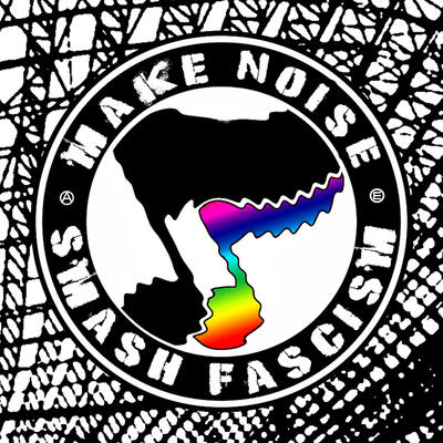 Sticker-Abbildung mit dem Text &quot;Make Noise - Smash Fascism&quot;, zwei Noten, eine schwarze, eine regenbogenfarbene