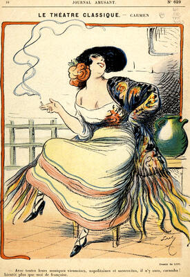 Illustration von Georges Bizets Oper Carmen, veröffentlicht im  &quot;Journal Amusant 1875“. Die Zeichnung zeigt Carmen, wie sie rauchend mit tiefem Dékolleté, bunden Kleidern und breitbeinig auf einem Stuhl sich räkelt und anzüglich grinst