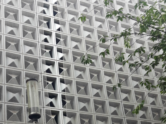 Photo of an architectural front with a mesh on top.