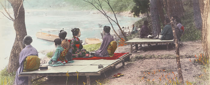Am Ufer des Hozu Flusses in Arashiyama, Kyoto, 1860–1880
