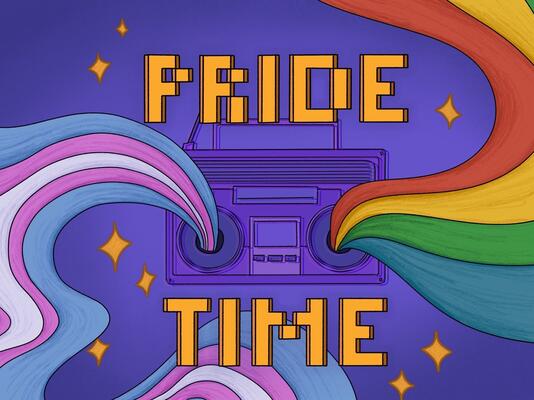 Radio mit Regenbogen und Transfarben, die aus den Lautsprechern fließen und der Schrift Pride Time