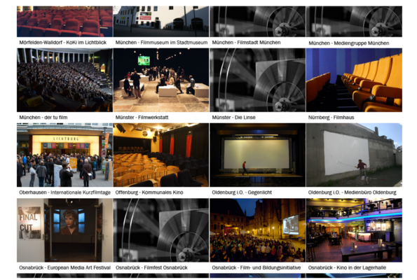 Bilder der Mitglieder des Bundesverbands Kommunale Filmarbeit - Fotos von Kinosälen, Leinwänden, Kinosesseln, Bestuhlung, Filmplakaten, Open-Air-Veranstaltungen, 35mm-Spulen auf dem Projektor etc.
