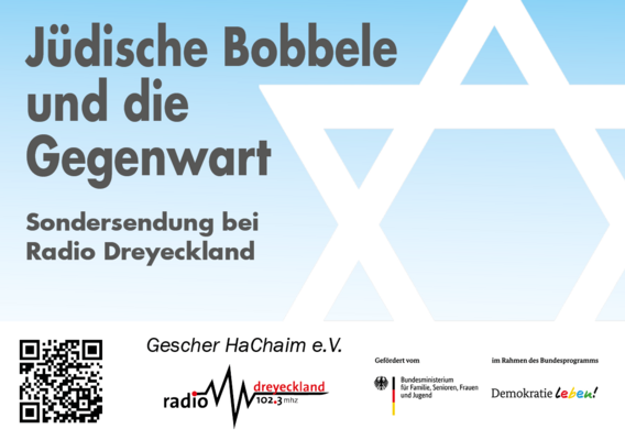 Sticker von Jüdische Bobbele und die Gegenwart - Sondersendung bei Radio Dreyeckland zeigt einen Davidstern auf blauem Grund. Unten sind die Logos der Fördenden und Projektbeteiligten zu sehen.