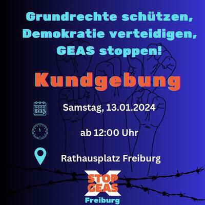 Plakat: Grundrechte schützen - Demokratie verteidigen, GEAS stoppen! Kundgebun; Samstag 13.01.2024, Rathausplatz ab 12:00 Uhr