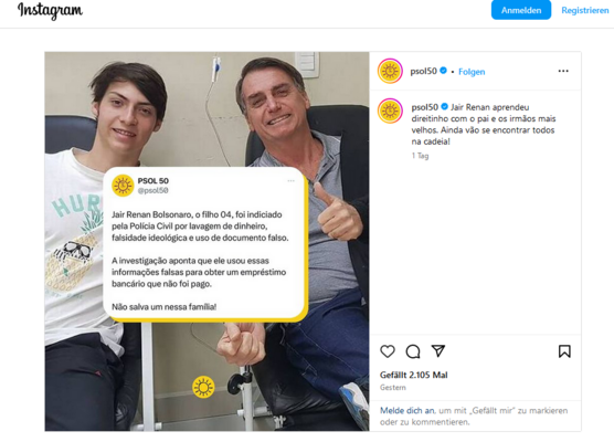 Ein Foto Jair Bolsonaros mit seinem Sohn Jair Renan auf Instagram der sozialistischen Partei. Darauf ist ein Text, der besagt, daß auch der Sohn nun vor einem Zivilgericht wegen Geldwäsche beschuldigt wird
