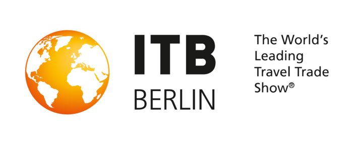 Logo von der Internationalen Tourismusbörse Berlin &quot;The World&#039;s Leading Travel Trade Show&quot;, zeigt einen gelb-orangenen Globus
