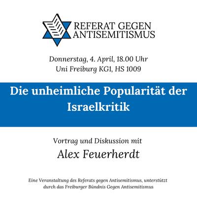 Das quadratische Sharepic zeigt das Logo des Referats gegen Antisemitismus (aufgeschlagenes Buch auf Davidstern) mit den Eckdaten des Vortrags
