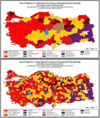 Karte der Türkei zeigt die Wahlergebnisse der Provinzen (oben) und der Bezirke (unten). V.a. der Westen ist rot gefärbt, die Farbe der CHP.