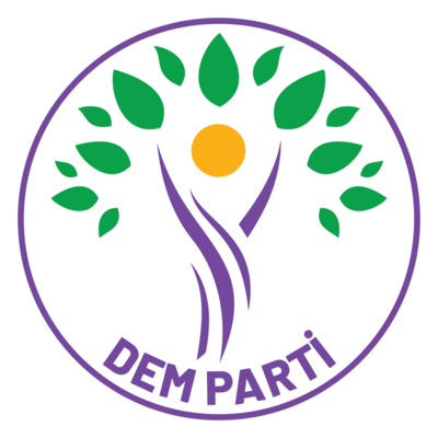 Das runde Logo von &quot;DEM PARTI&quot; ist violett und zeigt eine Ähnlichkeit zu einem Baum, mit grünen Blättern und einem gelben Kreis, der die Sonne symbolisieren könnte.