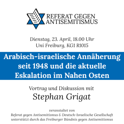 Eine quadratische Grafik zeigt oben das Logo des Referats gegen Antisemitismus (Buch auf Davidstern) und die Kerndaten der Veranstaltung.