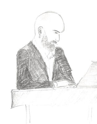 Zeichnung des IT-Experten: Er sitzt mit Anzug vor einem aufgeklapptem Laptop