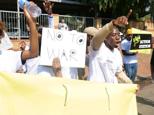 Amnesty International South Africa activists demonstrate outside the Russian Embassy in Pretoria on 6 May 2022, standing in solidarity with anti-war protesters in Russia who are being prosecuted for saying &#039;no&#039; to the invasion in Ukraine.