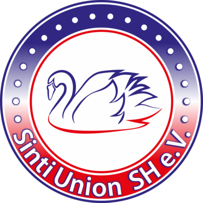 Das runde Logo Sinti Union Schleswig-Holstein e.V. mit dem Schwan in der Mitte umrandet von dem Schriftzug weiß auf rot unten und oben weiße PUnkte auf lila Grund